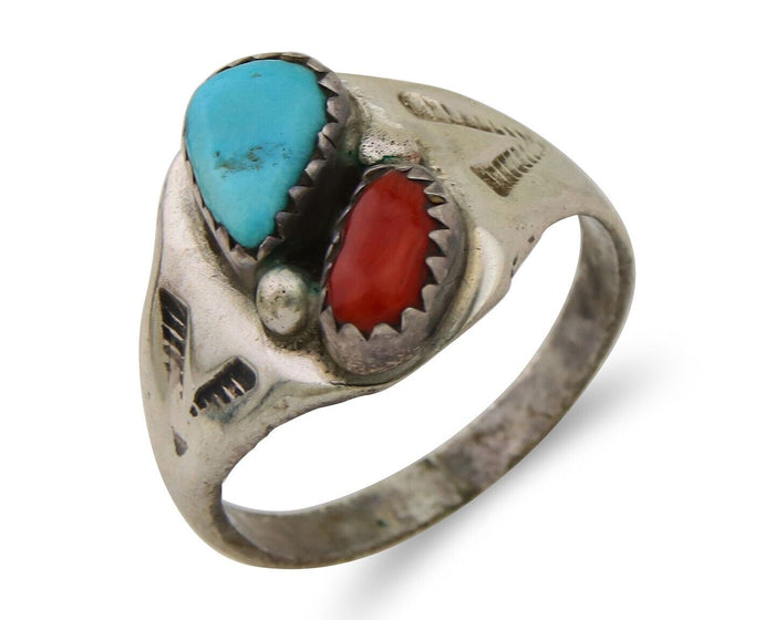Navajo Handmade Ring 925 Silver Turquoise & Coral Native Artist C.80's