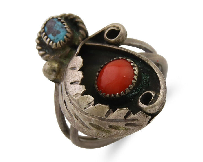 Navajo Handmade Ring 925 Silver Turquoise & Coral Native Artist C.80's