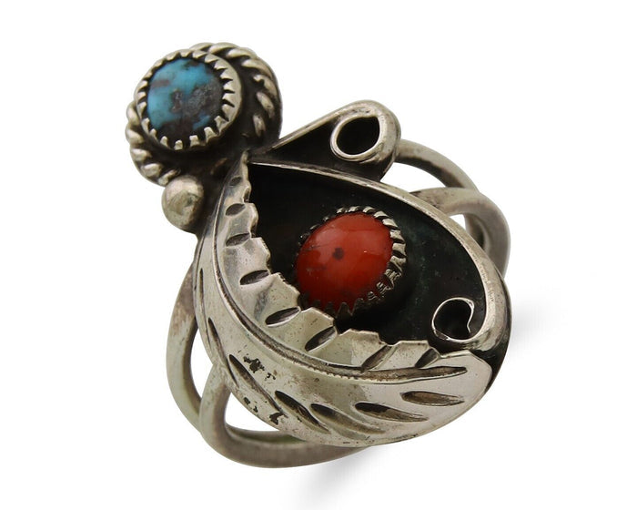 Navajo Handmade Ring 925 Silver Turquoise & Coral Native Artist C.80's