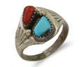 Navajo Handmade Ring 925 Silver Turquoise & Coral Native Artist C.80's