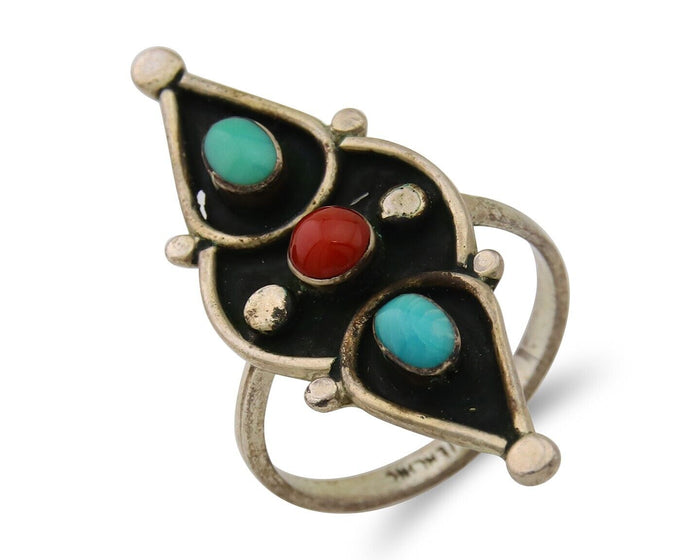 Navajo Handmade Ring 925 Silver Turquoise & Coral Native Artist C.80's