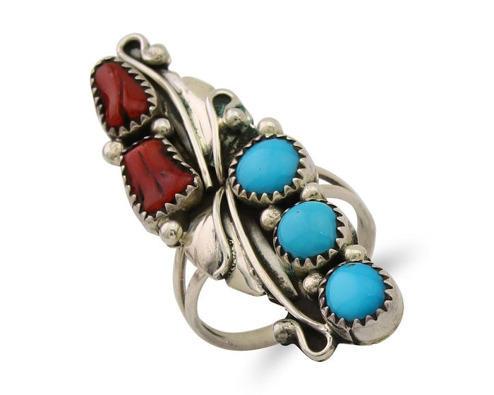 Navajo Handmade Ring 925 Silver Turquoise & Coral Native Artist C.80's