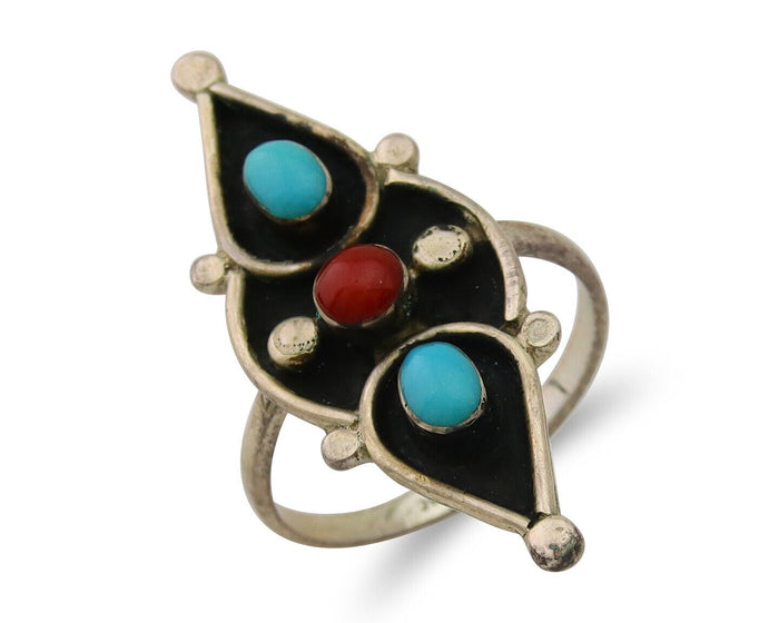 Navajo Handmade Ring 925 Silver Turquoise & Coral Native Artist C.80's