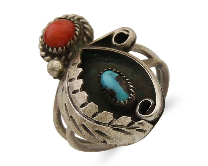 Navajo Handmade Ring 925 Silver Turquoise & Coral Native Artist C.80's