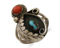 Navajo Handmade Ring 925 Silver Turquoise & Coral Native Artist C.80's