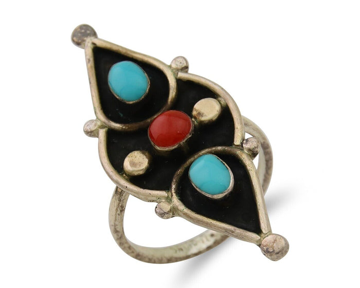 Navajo Handmade Ring 925 Silver Turquoise & Coral Native Artist C.80's
