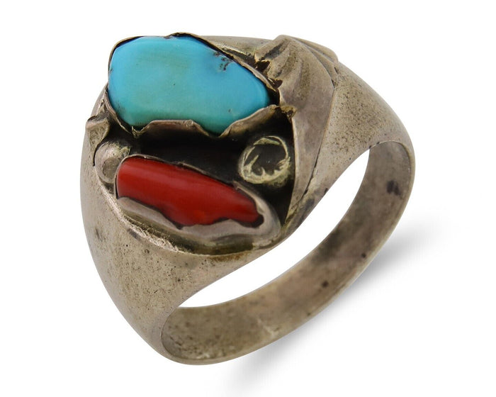 Navajo Handmade Ring 925 Silver Turquoise & Coral Native Artist C.80's