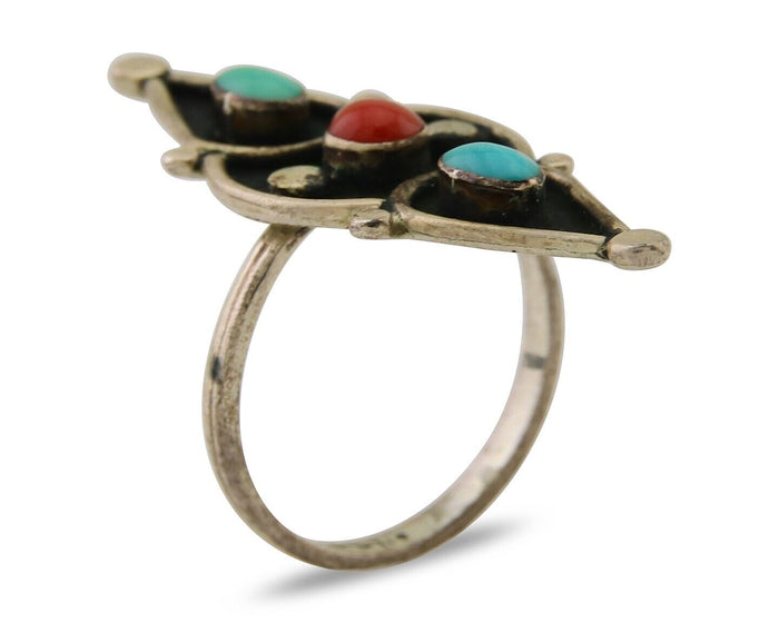 Navajo Handmade Ring 925 Silver Turquoise & Coral Native Artist C.80's