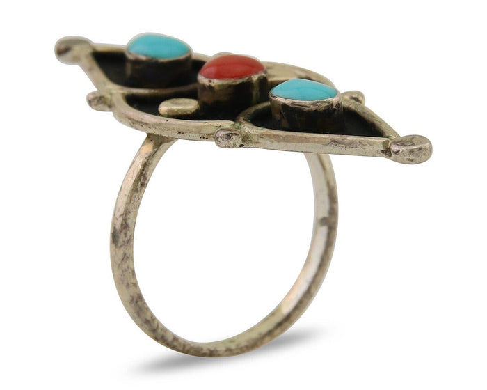 Navajo Handmade Ring 925 Silver Turquoise & Coral Native Artist C.80's