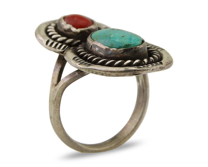 Navajo Handmade Ring 925 Silver Turquoise & Coral Native Artist C.80's