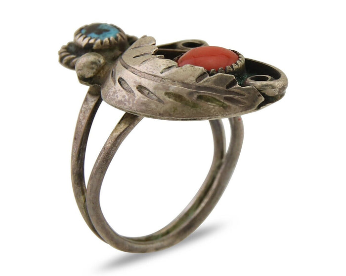 Navajo Handmade Ring 925 Silver Turquoise & Coral Native Artist C.80's