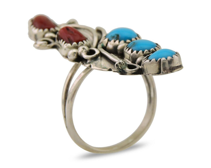 Navajo Handmade Ring 925 Silver Turquoise & Coral Native Artist C.80's
