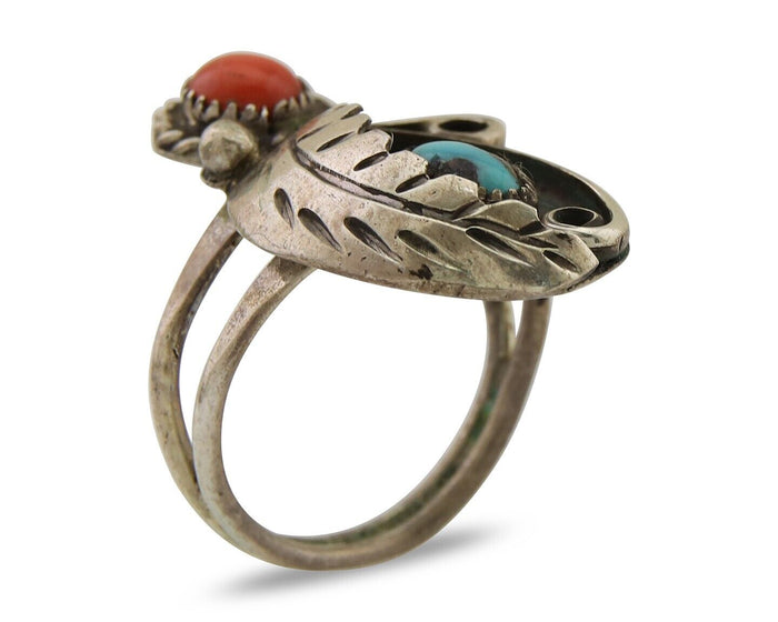 Navajo Handmade Ring 925 Silver Turquoise & Coral Native Artist C.80's