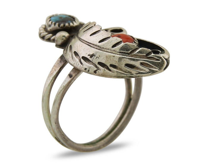 Navajo Handmade Ring 925 Silver Turquoise & Coral Native Artist C.80's