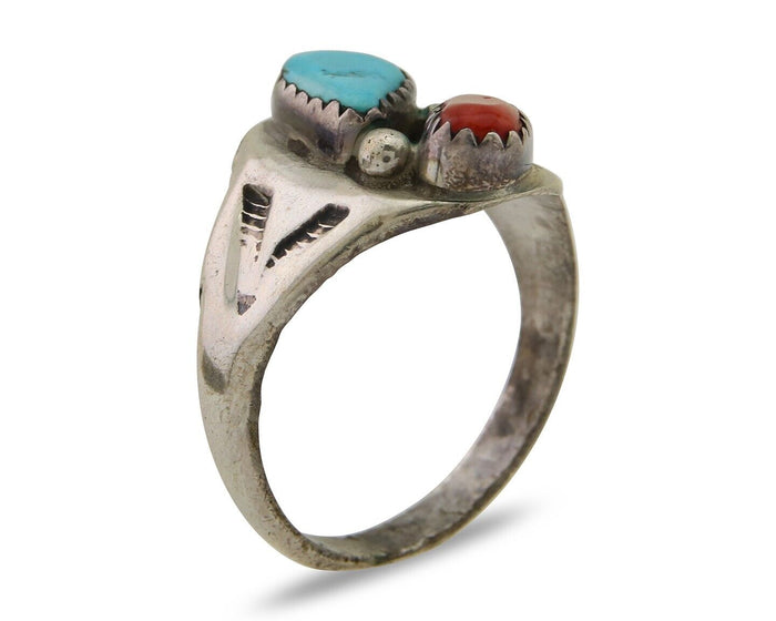 Navajo Handmade Ring 925 Silver Turquoise & Coral Native Artist C.80's
