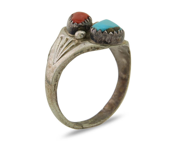Navajo Handmade Ring 925 Silver Turquoise & Coral Native Artist C.80's