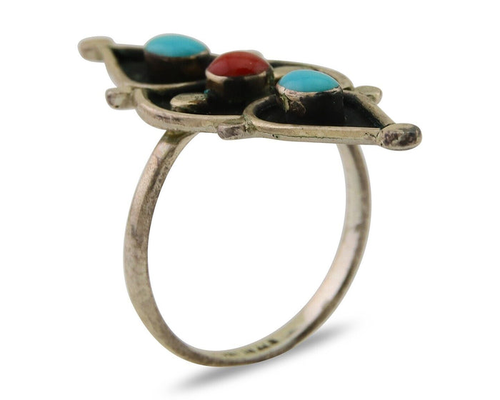 Navajo Handmade Ring 925 Silver Turquoise & Coral Native Artist C.80's