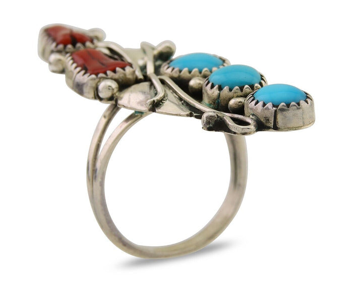Navajo Handmade Ring 925 Silver Turquoise & Coral Native Artist C.80's