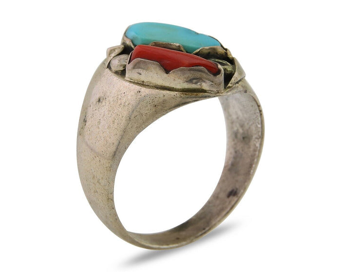 Navajo Handmade Ring 925 Silver Turquoise & Coral Native Artist C.80's