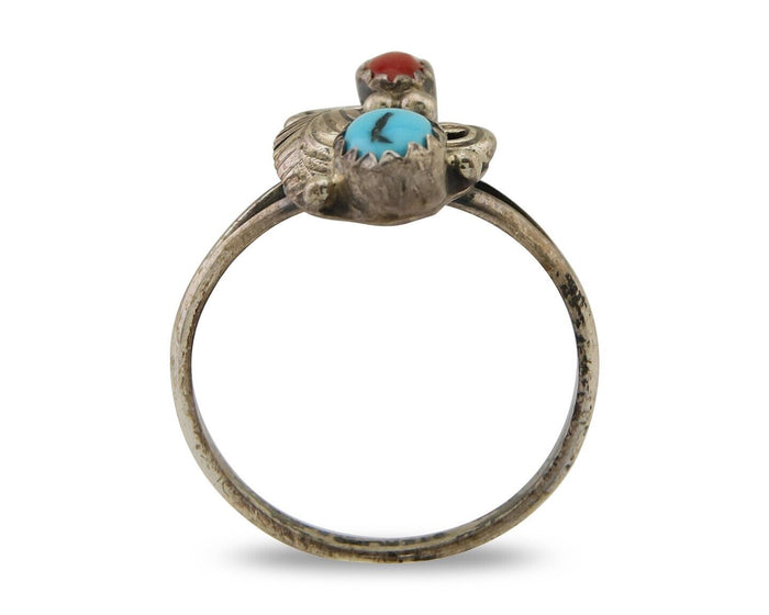 Navajo Handmade Ring 925 Silver Turquoise & Coral Native Artist C.80's
