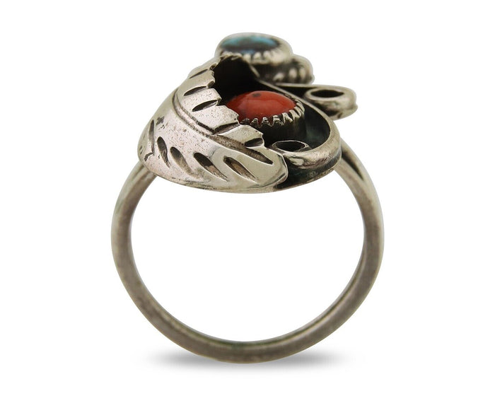 Navajo Handmade Ring 925 Silver Turquoise & Coral Native Artist C.80's