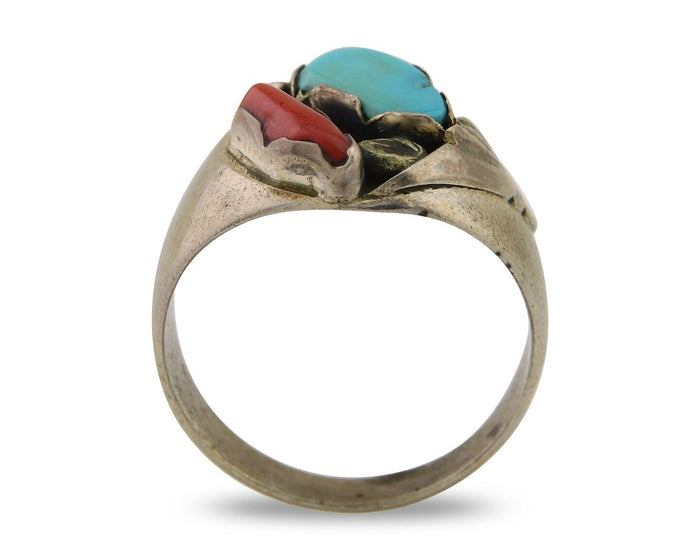 Navajo Handmade Ring 925 Silver Turquoise & Coral Native Artist C.80's