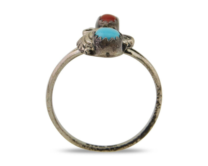 Navajo Handmade Ring 925 Silver Turquoise & Coral Native Artist C.80's