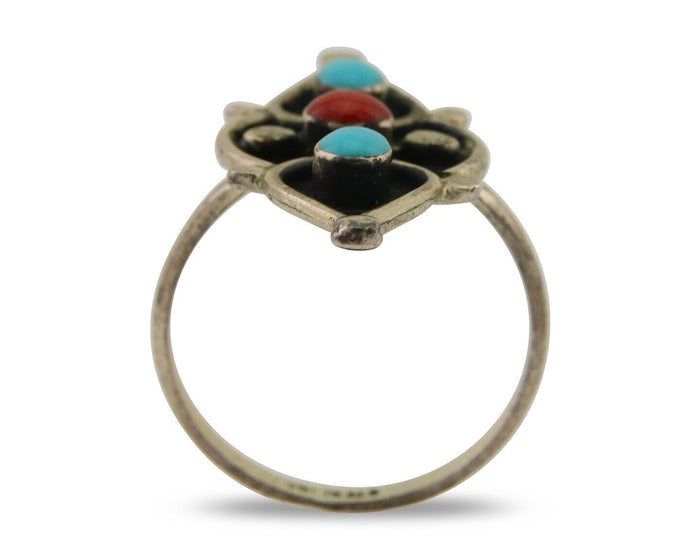 Navajo Handmade Ring 925 Silver Turquoise & Coral Native Artist C.80's
