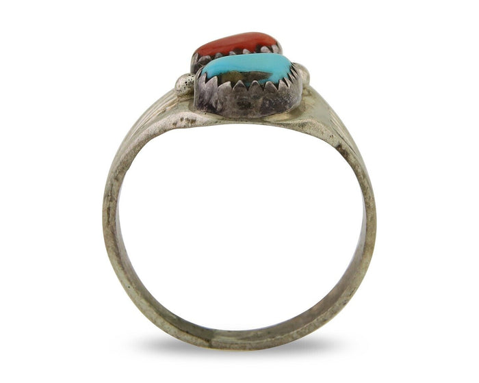 Navajo Handmade Ring 925 Silver Turquoise & Coral Native Artist C.80's