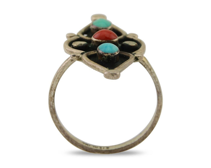 Navajo Handmade Ring 925 Silver Turquoise & Coral Native Artist C.80's