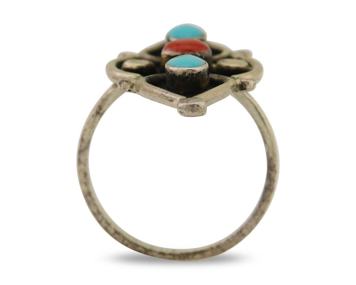 Navajo Handmade Ring 925 Silver Turquoise & Coral Native Artist C.80's