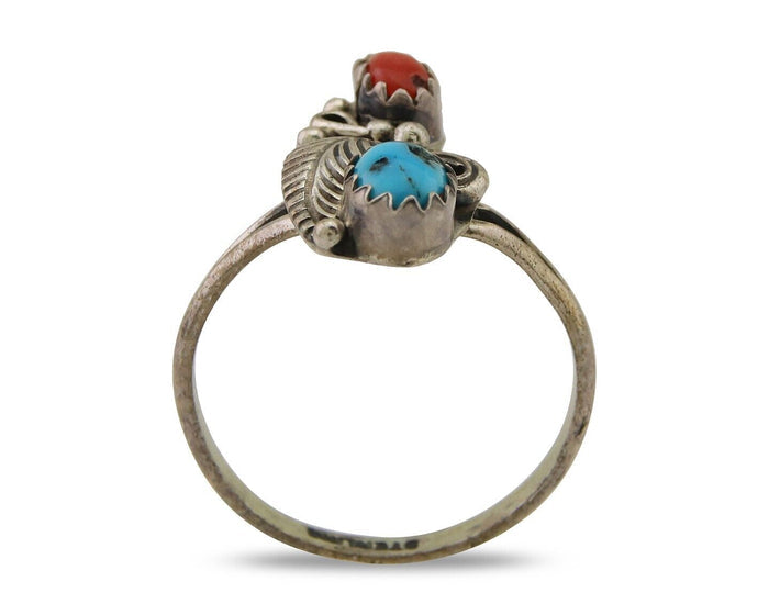 Navajo Handmade Ring 925 Silver Turquoise & Coral Native Artist C.80's