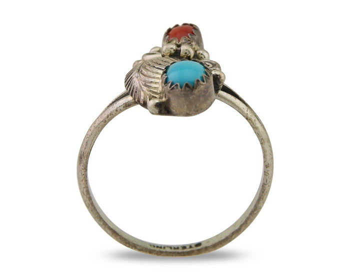 Navajo Handmade Ring 925 Silver Turquoise & Coral Native Artist C.80's