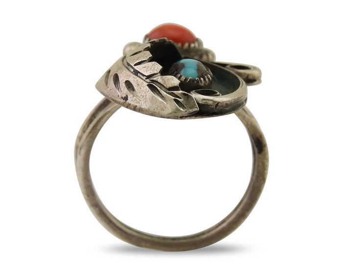 Navajo Handmade Ring 925 Silver Turquoise & Coral Native Artist C.80's