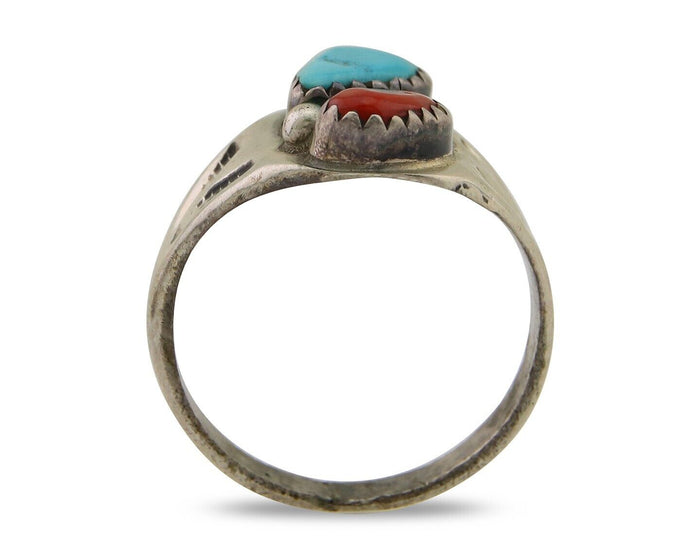 Navajo Handmade Ring 925 Silver Turquoise & Coral Native Artist C.80's