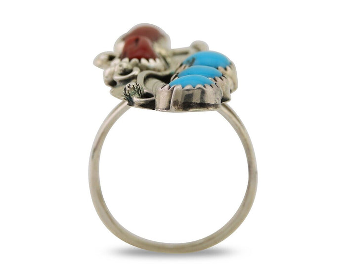 Navajo Handmade Ring 925 Silver Turquoise & Coral Native Artist C.80's