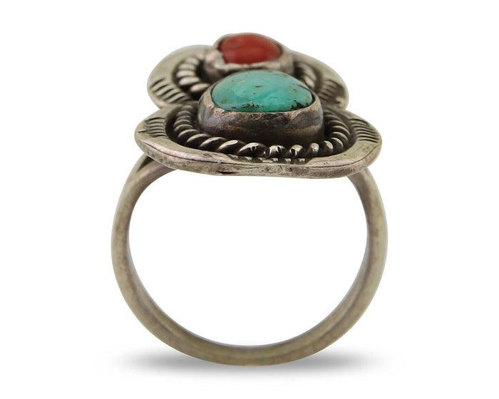 Navajo Handmade Ring 925 Silver Turquoise & Coral Native Artist C.80's