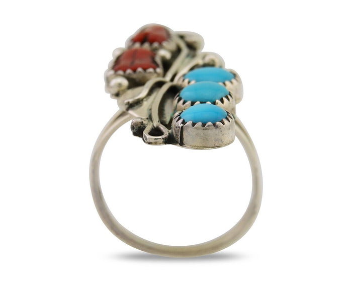 Navajo Handmade Ring 925 Silver Turquoise & Coral Native Artist C.80's