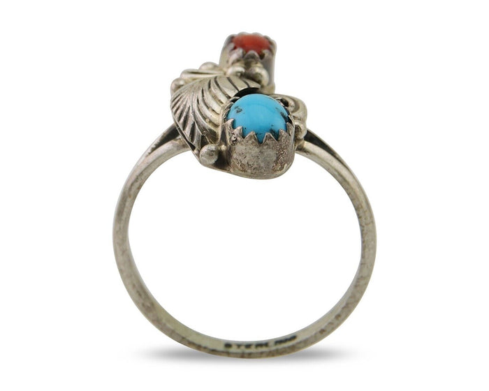 Navajo Handmade Ring 925 Silver Turquoise & Coral Native Artist C.80's