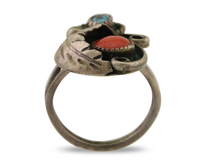 Navajo Handmade Ring 925 Silver Turquoise & Coral Native Artist C.80's