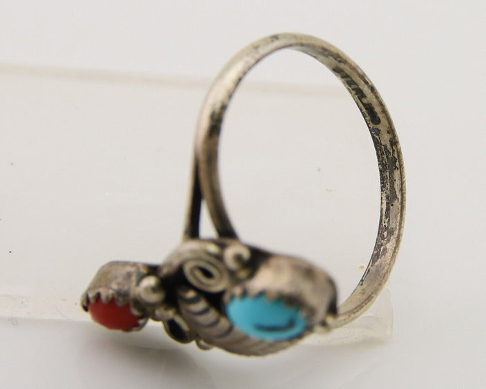 Navajo Handmade Ring 925 Silver Turquoise & Coral Native Artist C.80's