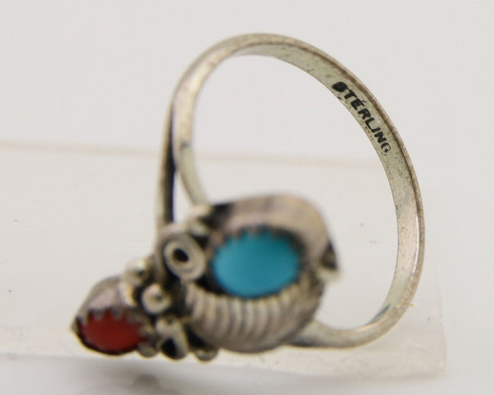 Navajo Handmade Ring 925 Silver Turquoise & Coral Native Artist C.80's