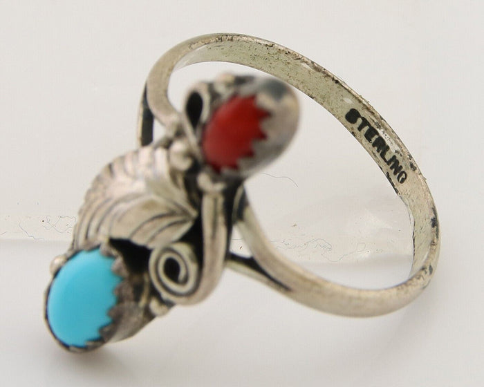 Navajo Handmade Ring 925 Silver Turquoise & Coral Native Artist C.80's