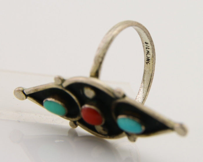 Navajo Handmade Ring 925 Silver Turquoise & Coral Native Artist C.80's