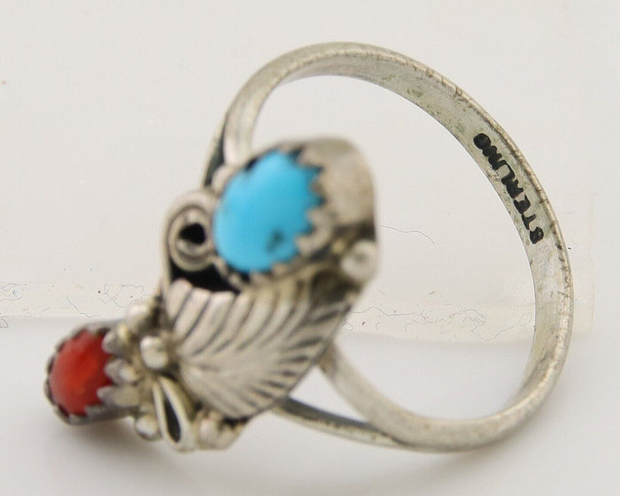 Navajo Handmade Ring 925 Silver Turquoise & Coral Native Artist C.80's