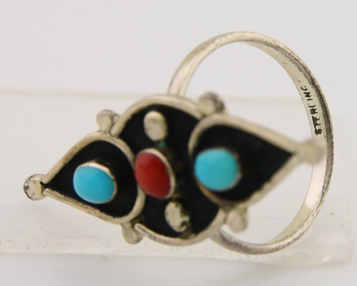 Navajo Handmade Ring 925 Silver Turquoise & Coral Native Artist C.80's