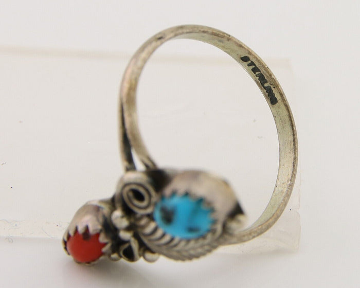 Navajo Handmade Ring 925 Silver Turquoise & Coral Native Artist C.80's