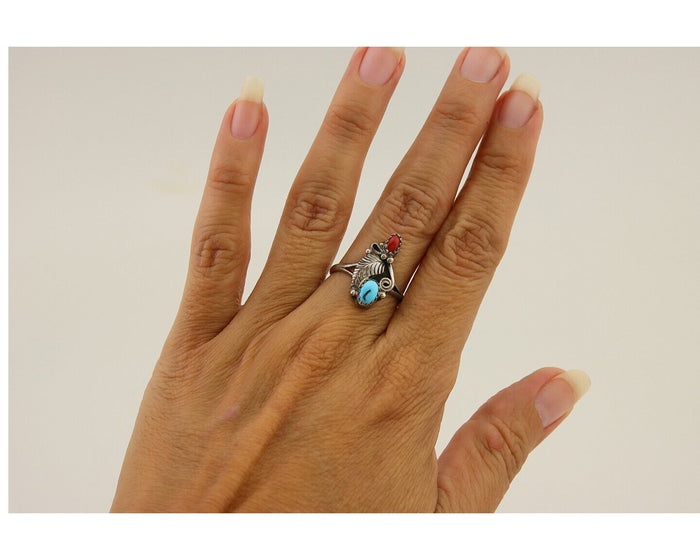 Navajo Handmade Ring 925 Silver Turquoise & Coral Native Artist C.80's
