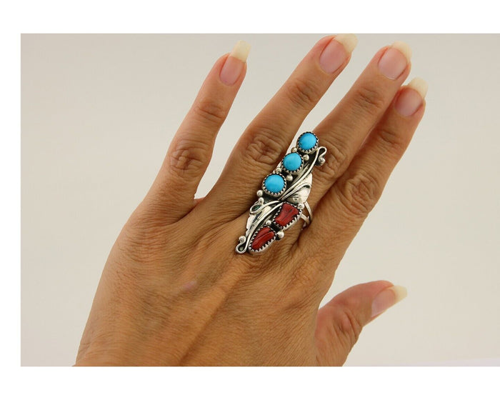 Navajo Handmade Ring 925 Silver Turquoise & Coral Native Artist C.80's