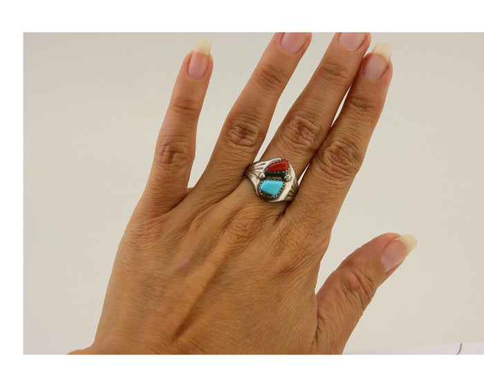 Navajo Handmade Ring 925 Silver Turquoise & Coral Native Artist C.80's